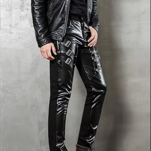 Pantalones de Cuero Genuino para Hombre, Cintura Alta, Corte Acampanado, con Paneles Acolchados, Estilo Cargo - Product Image 1