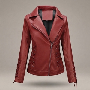 Chaqueta de moto de cuero PU rosa metalizado para mujer, con cordones, cuello vuelto y cremallera. - Product Image 5