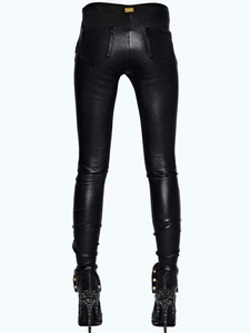 Pantalon skinny blanc taille haute en cuir véritable avec lacets, coutures contrastées, extensible dans quatre directions, coupe droite, hiver - Product Image 6