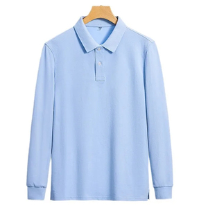 Men Long Sleeve <b>Polo</b> <b>Shirt</b> Solid Light <b>Blue</b> Cotton Jersey Casual Wear Breathable Knitted Fabric Regular Fit - Product Image 1
