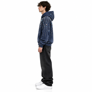Men's Rhinestone <b>Zip</b> <b>Up</b> <b>Hoodie</b> Vintage Washed Navy Blue <b>Fleece</b> Streetwear Sweatshirt Custom Crystal Embellished <b>Hoodie</b> - Product Image 2