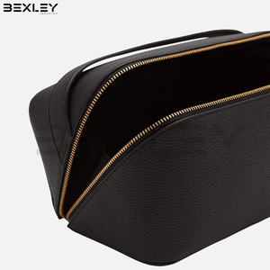 Estuche de Maquillaje de Cuero Texturizado Negro con Cierre Dorado, Asa Superior, Organizador de Cosméticos, Logotipo Personalizado, Bolsas de Cuero de Marca Privada - Product Image 4