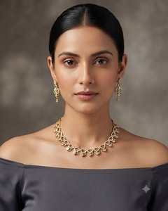 Artistic Curved Link Necklace Antique <b>Gold</b> Plated AD Jewelry <b>Set</b> With Pear Drop Motif & Dangle Earrings For Festivals Party Wear - Product Image 5