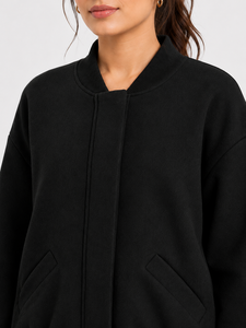 Premium <b>Women's</b> <b>Black</b> Bomber Jacket Soft Cotton Fleece Casual Outerwear Minimalist Front Placket Design Hidden Snap Button - Product Image 4