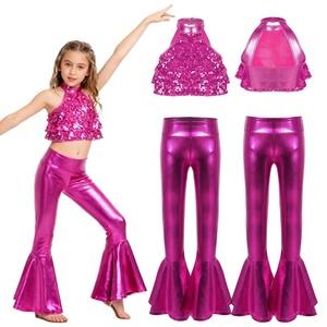 6-16 Kids Girls <b>Sequin</b> Jazz Dance Costumes Performance Costume <b>Crop</b> <b>Top</b> With Bell-Bottom Metallic Pants For Stage Shows Parties - Product Image 3