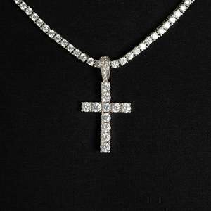 925 <b>Silver</b> Rhodium Plated Cross Pendant Necklace Channel Setting Brilliant Cut <b>Box</b> <b>Chain</b> Unisex Everyday Wear Hip Hop - Product Image 3