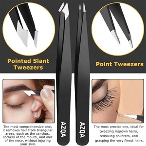 Juego profesional de 4 pinzas para cejas de acero inoxidable negro con puntas de precisión y cepillo de limpieza en estuche de almacenamiento. - Product Image 5