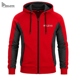 Sweat-shirt à capuche zippé pour homme avec logo personnalisé, en molleton épais, coloris rouge et noir, poches latérales zippées. - Product Image 1
