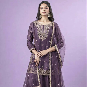 Premium Party Wear Fandy Silk Kurti Palazzo Set with Heavy Embroidery and <b>Net</b> Dupatta - Product Image 1