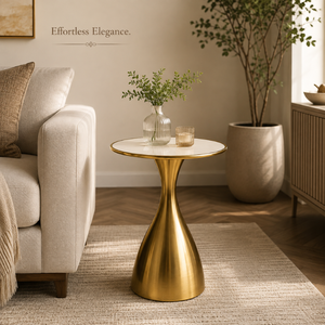 Modern <b>Round</b> Pedestal Side <b>Table</b> with Elegant Gold Finish |Minimalist Accent End <b>Table</b> with Sculpted Curved Base for Living Room - Product Image 4