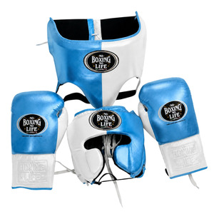 Ensemble de boxe personnalisé en cuir de vachette véritable, rouge et blanc, avec la sagnette 'No Boxing No Life', incluant un protège-tête réglable à lacets et une protection inguinale à ajustement rapide - Product Image 6