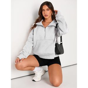 <b>Women's</b> Light Gray <b>Half</b> <b>Zip</b> Regular <b>Sweatshirt</b> Stand Collar Pullover Solid Color Knitted Cotton Blend Printed Anti-Wrinkle - Product Image 5