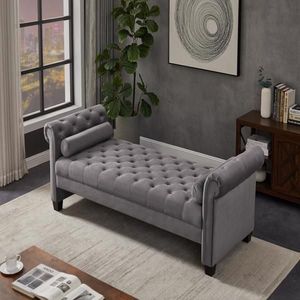 Panca Divano con Gambe in Legno Massello e Cuscini in Velluto Grigio Scuro con Cuscini Cilindrici - Product Image 3