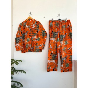 Conjunto de Pijama Bohemio con Estampado Animal, 100% Algodón, Cuello en V, Manga Larga, Cintura Elástica, Corte Regular, Transpirable, Ecológico, Informal, Verano - Product Image 1