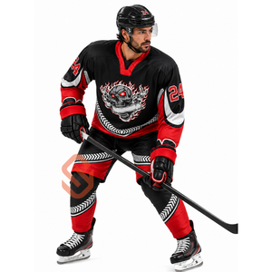 Custom Ice Hockey Jersey Men Full Sublimation Team Uniform Black Red <b>Skull</b> Design Wholesale OEM Hockey Wear Jersey Supplier - Product Image 1
