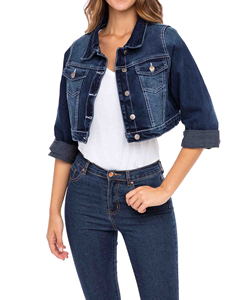 Women Dark Blue Wash <b>Cropped</b> <b>Denim</b> <b>Jacket</b> Button Front Long Sleeve Slim Fit Casual Jean Outerwear Fashion Coat - Product Image 2