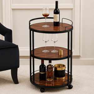 Chariot de bar à 3 niveaux avec roulettes, dessus en bois, chariot de service, chariot utilitaire à roulettes avec structure métallique pour bar à domicile - Product Image 2