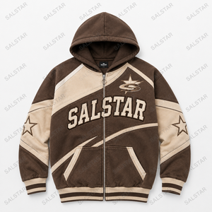 Sweat-shirt à capuche vintage marron pour homme, veste zippée, streetwear premium avec empiècements contrastés, logo personnalisé - Product Image 3
