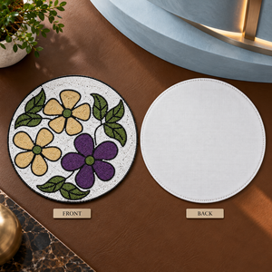 Set de table artisanal violet avec perles de verre florales, motif feuilles botaniques, base ivoire, résistant à la chaleur, élégant - Product Image 4