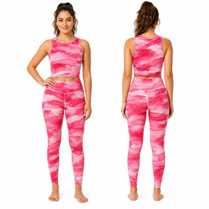 Ensemble de yoga 2 pièces pour femme, tie-dye rose, crop top, leggings taille haute longueur intégrale, dos nageur, col rond, sans couture, en Spandex et Polyester - Product Image 2