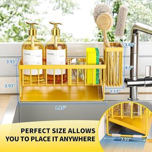 ที่วางแปรงล้างจานและฟองน้ำแบบตั้งโต๊ะ สแตนเลส 304 ป้องกันสนิม พร้อมที่จ่ายสบู่เหลว สีเหลือง สำหรับจัดเก็บในครัว - Product Image 6