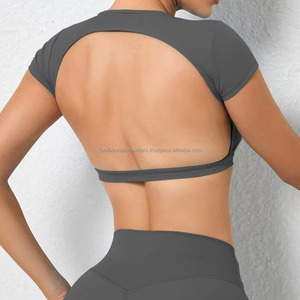 FONILBEST Haut de yoga sans dos à manches courtes dos nageur noir uni respirant pour femme, vêtements de sport, service OEM - Product Image 4