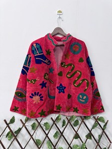 Handmade Pink <b>Velvet</b> Embroidered Suzani <b>Jacket</b> with Snake Pattern Full Sleeve Stand Collar Bohemian Autumn Outerwear - Product Image 1
