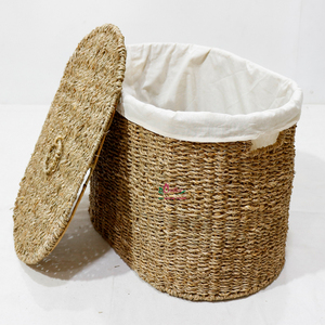 Handmade Plastic Eco-friendly Rustic Round Laundry <b>Hamper</b> <b>Basket</b> with Removable Liner and Lid - Product Image 1