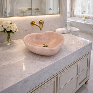 Lavabo de Ónix Rosa en Forma de Corazón de Lujo con Desagüe Dorado, Lavabo Moderno para Baño, Elegante Lavabo de Piedra - Product Image 3