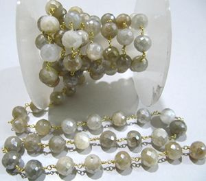Natural Multi Moonstone Silverite AB Coated Round Briolette Faceted 6 to 9mm Beaded <b>Rosary</b> Chain - Product Image 6