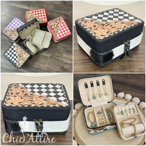 Luxury Hand Tooled Cowhide Leather Jewelry Organizer Case Western Black & White Checkered Travel Storage Box with Zipper Closure - Product Image 1