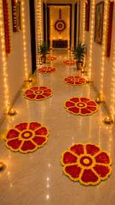 Alfombra de lujo hecha a mano con diseño floral Rangoli para decoración de Diwali, diseño de flores rojas y amarillas, decoración festiva para pasillo. - Product Image 2