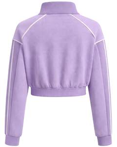 Chaqueta deportiva corta con cremallera para mujer, color lavanda, para gimnasio, fitness, ropa deportiva, con rayas en contraste, fabricante de chaquetas de entrenamiento. - Product Image 2