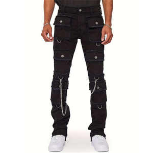 Jean cargo rétro imprimé, style streetwear haut de gamme, coupe droite, effet délavé, plusieurs poches, effet usé. - Product Image 1