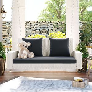 2-Person Wicker Hanging Porch Swing <b>Bench</b> with Chains <b>Cushion</b> Pillow for Garden Backyard or Pond - Product Image 1