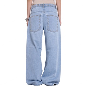 Vaqueros de mezclilla de cintura alta y pierna ancha para mujer, estilo casual, holgados, de algodón lavado a la piedra, estilo vintage, largos, con detalles de remaches, azules. - Product Image 4