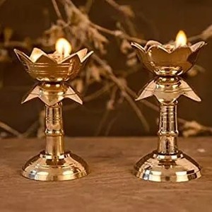 Brass Oil <b>Lamp</b> Pair with Elegant Back Artwork, Multi Diya Stand for Spiritual Puja, Temple Decoration and Cultural Festivities - Product Image 4