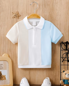 White and Light Blue Breathable Short Sleeve Polo Shirt for Boys Casual Knitted Polyester/Cotton Jersey Floral Pattern - Product Image 1