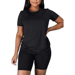 Women's 2 Piece Black Biker Shorts <b>Set</b> Casual Short Sleeve Crew Neck Solid Color <b>Knitted</b> Cotton Breathable 180g Summer Wear - Product Image 2