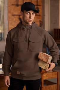 Sweat à capuche cargo brodé 100 % coton pour homme, demi-zip, poids moyen, décontracté, style workwear, tactique, avec poches - Product Image 5