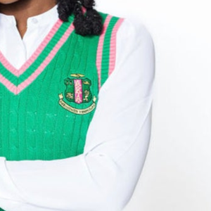   Gilet en tricot vert pour femme, classique, sans manches, col en V, pull décontracté, vêtements de sororité, logo personnalisé - Product Image 2