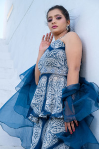 Elegant Blue Printed Sleeveless Peplum Crop Top with Palazzo and Organza Dupatta with Pearls Cut-dana and Mirror work - Product Image 6