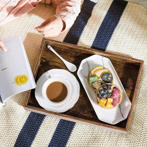 Plateau de service en bois de manguier fait à la main de couleur brûlée de qualité supérieure ensemble de 3 plateaux de service en bois durables avec poignées recouvertes de corde - Product Image 5