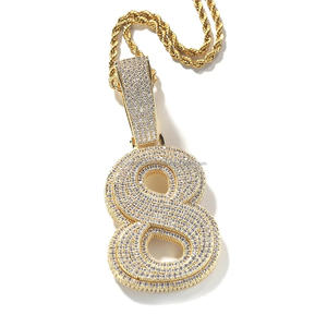 Pendentif en argent sterling 925 plaqué or/argent, glacé, chiffres de 0 à 9, moissanite, style hip-hop, micro-pavé, diamant simulé - Product Image 1