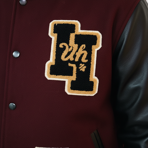 Custom Men's Melton Wool Varsity <b>Jacket</b> with Leather Sleeves Patchwork Design Stand <b>Collar</b>-Windproof & Waterproof Wholesale - Product Image 6