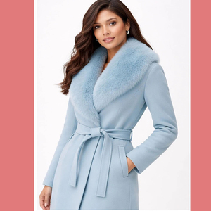 Veste de moto en laine bleue pour femme, col en fourrure, ceinture, design long pour l'hiver, doublure en coton respirante - Vêtement d'hiver minimaliste et formel - Product Image 3