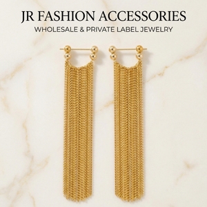 Boucles d'oreilles pendantes classiques en alliage plaqué or PVD avec longue chaîne et pompon, vente en gros, cadeau, fabricant OEM ODM - Product Image 3