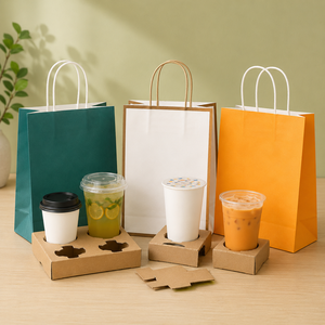 Sacs en papier kraft écologiques avec poignées torsadées pour l'emballage des boissons, sac plat standard recyclable avec poignée - Product Image 1