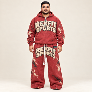 Conjunto de sudadera con capucha para hombre Rexfit Sports, rojo, con estampado de felpa francesa, estilo urbano, ropa de invierno, chándal personalizado. - Product Image 1