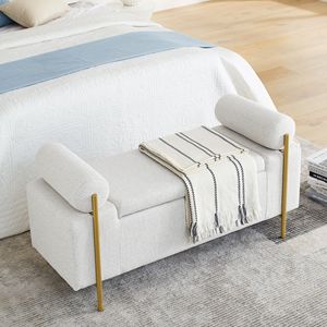 Elegante Panca Contenitore in Lino Bianco con Braccioli Cilindrici e Gambe in Ferro per Ingresso, Soggiorno o Camera da Letto - Product Image 5
